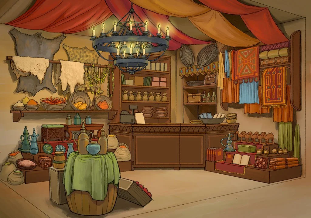 A medieval-style market stall with colorful fabric awnings, displaying pottery, textiles, and hanging animal pelts, illuminated by a chandelier with candles.