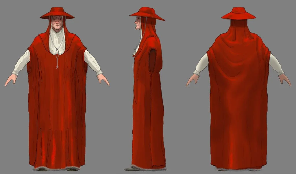 Character reference sheet showing a wizard in a long red robe and wide-brimmed red hat, with three views: front, side, and back.