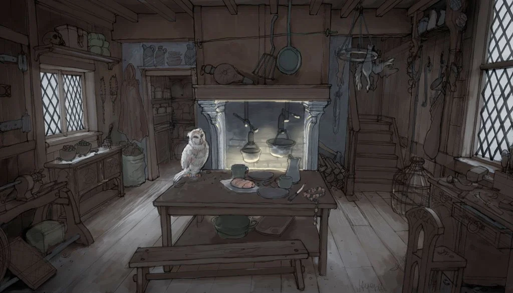 A cozy, rustic kitchen with wooden walls and floors, and a large fireplace in the center. An owl is perched on the table, surrounded by various kitchen utensils and dishes. There are two windows with lattice panes, hanging herbs and vegetables, and s