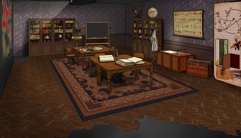 A vintage study room with wooden flooring, a Persian rug, and dark patterned wallpaper. There are three tables with open books on them, surrounded by chairs. Bookshelves and cabinets filled with books and artifacts occupy the back wall. The walls are