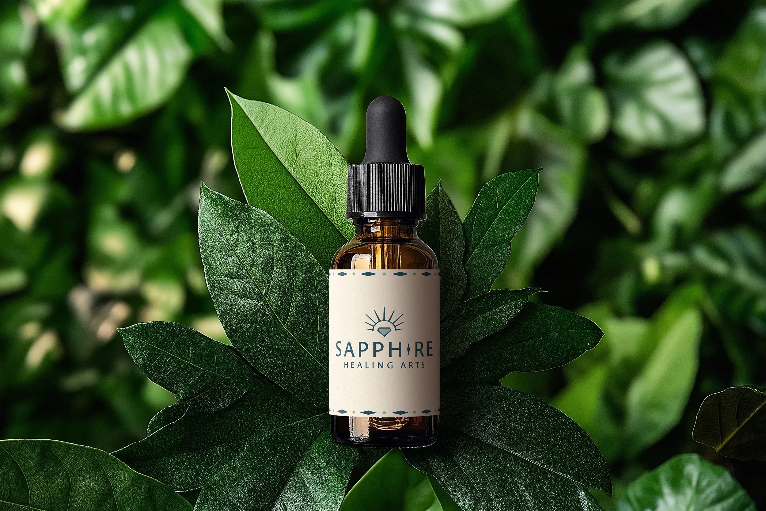 An essential oil from Sapphire Healing Arts laying within green leaves