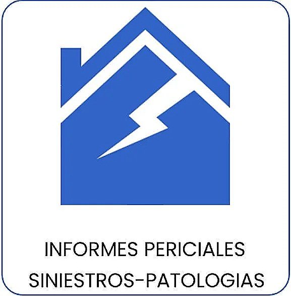 Icono de una casa con un rayo en el centro y texto que dice 'Informes Periciales Siniestros-Patologías'.