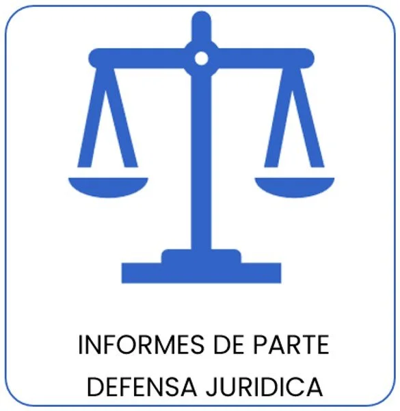 Un símbolo de balanza en azul que representa la justicia, con texto en español que dice 'Informes de Parte Defensa Jurídica'.