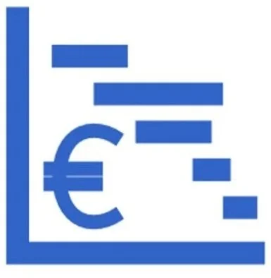 Gráfico con una línea y barras, y un símbolo del euro en su interior en color azul