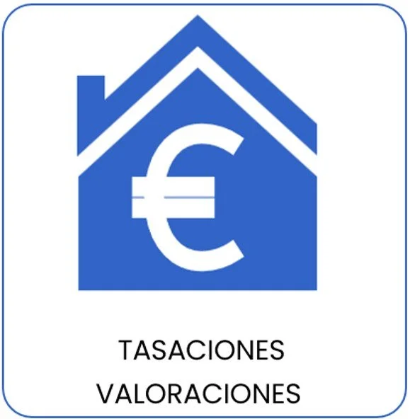 Icono de una casa con un símbolo del euro en el centro, acompañado de las palabras "Tasaciones" y "Valoraciones".