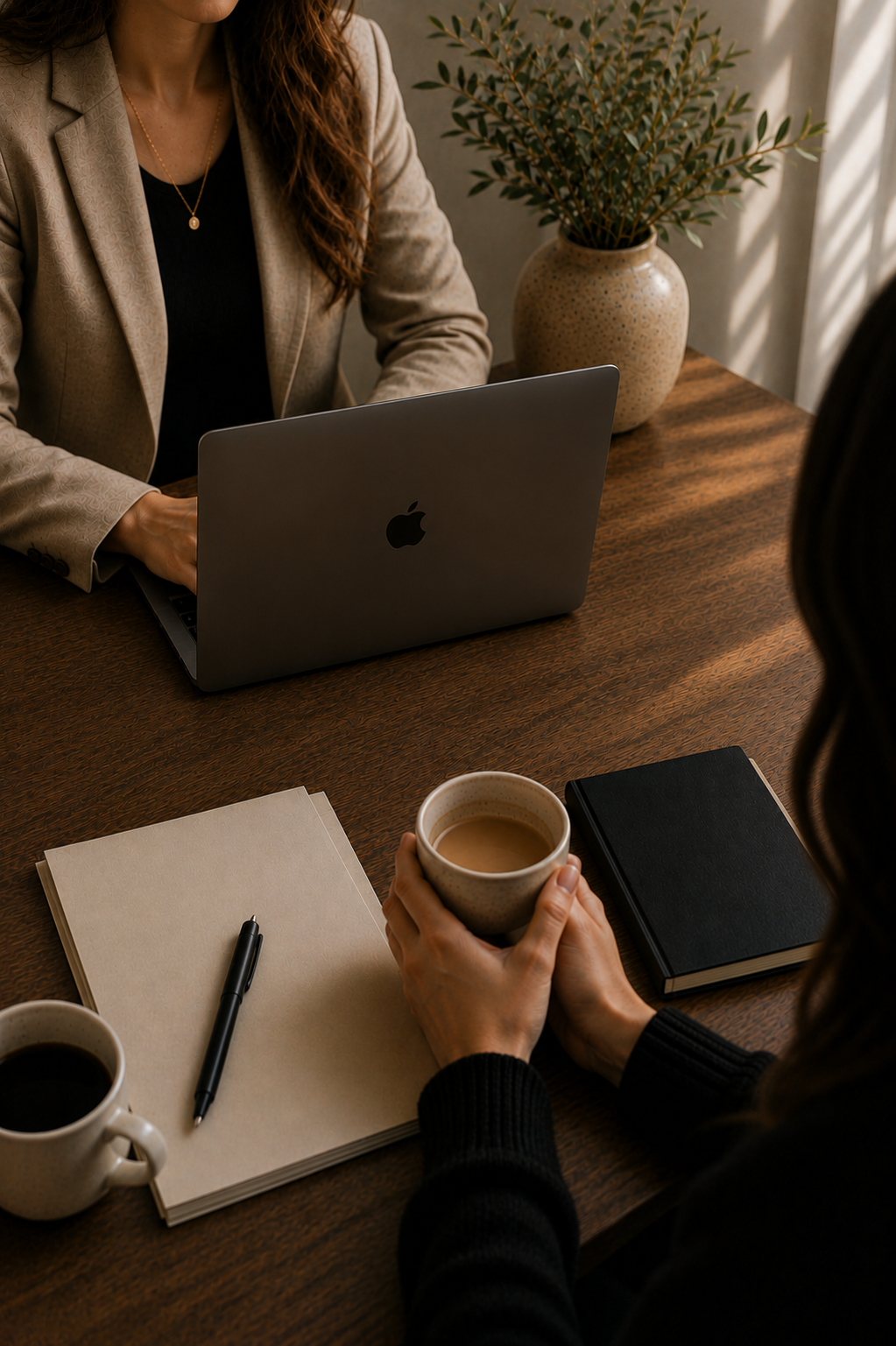 Two women sitting at a wooden table with a laptop, notebooks, pens, and cups of coffee, engaged in a discussion in a cozy, well-lit room with a potted plant in the background.