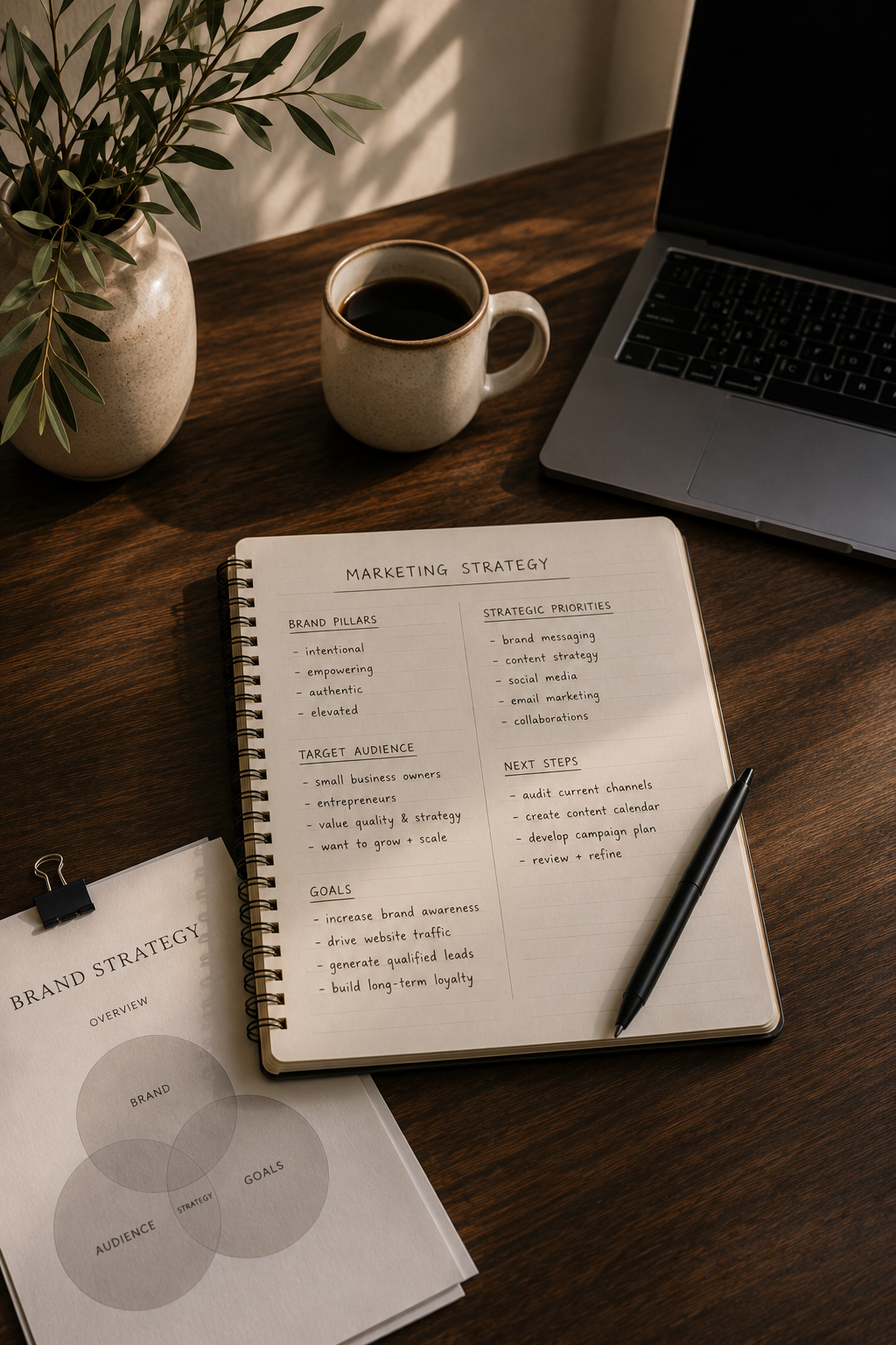 A workspace featuring a notebook with marketing strategy notes, a cup of coffee, a laptop, a potted plant, and a printed sheet with a Venn diagram.