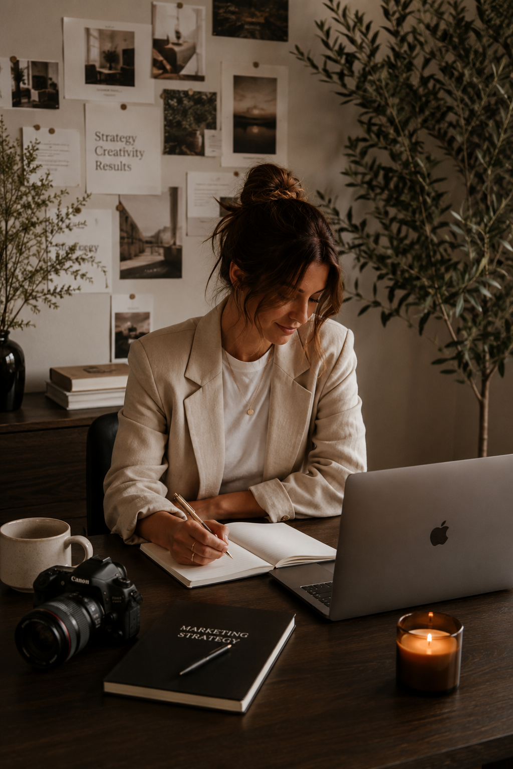 A woman working at a desk with a camera, a notebook labeled 'Marketing Strategy,' a laptop, a cup of coffee, and a lit candle, in a cozy office with art and motivational posters on the wall.