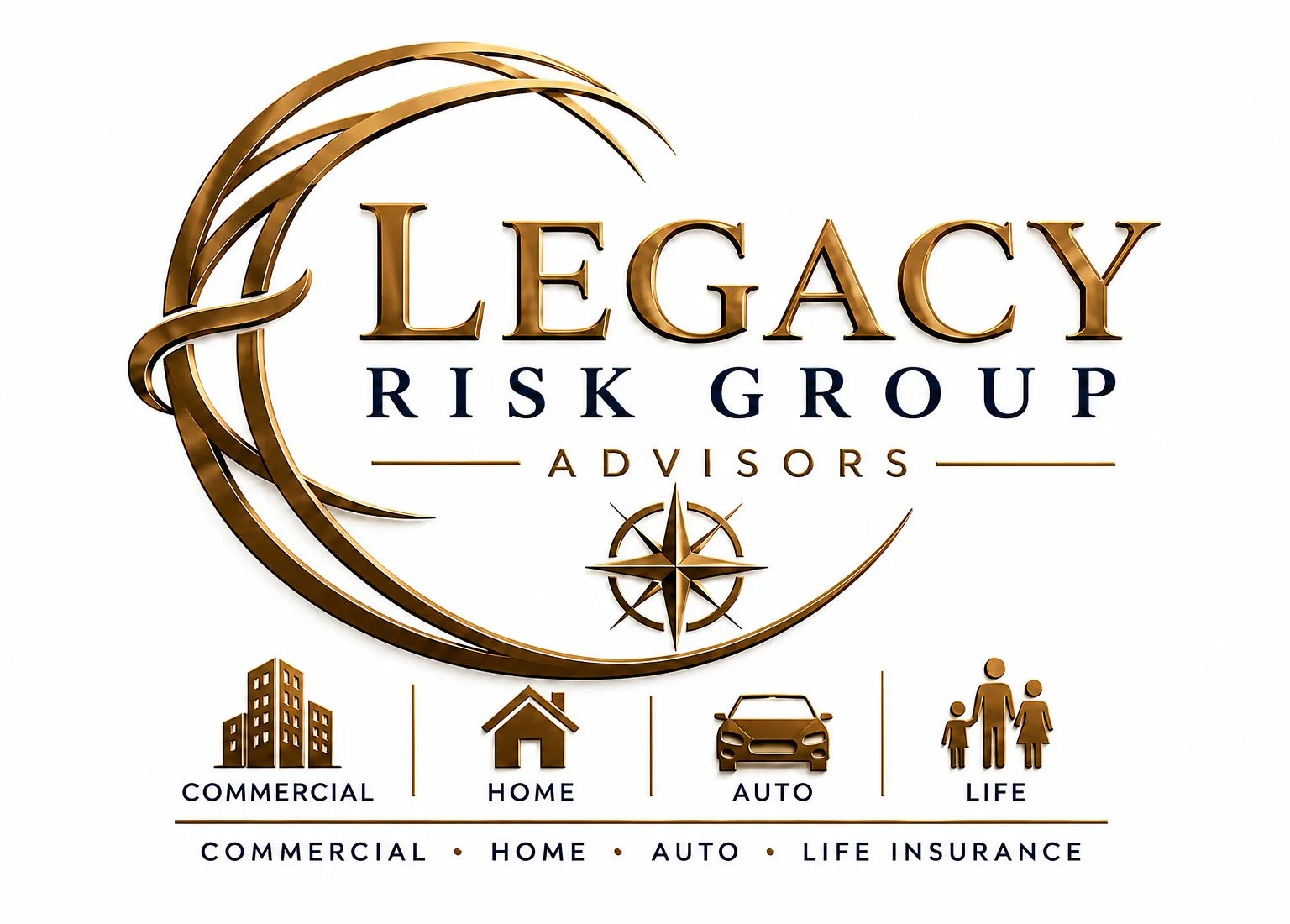 Logo for Legacy Risk Group Advisors, featuring a gold crescent moon and sun design, with a compass, and icons representing commercial, home, auto, and life insurance services.