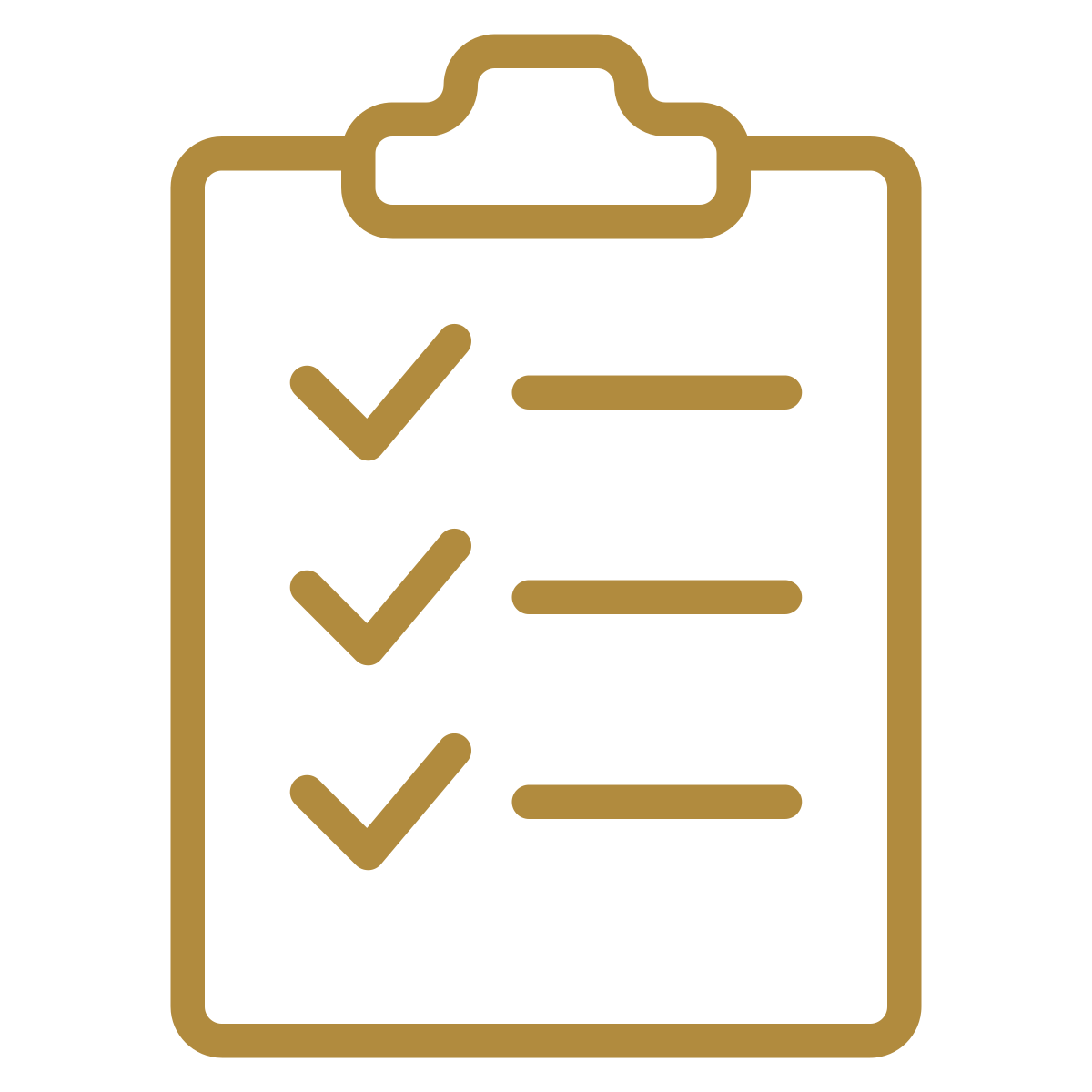 Gold outline of a clipboard with a checklist containing three checked items.