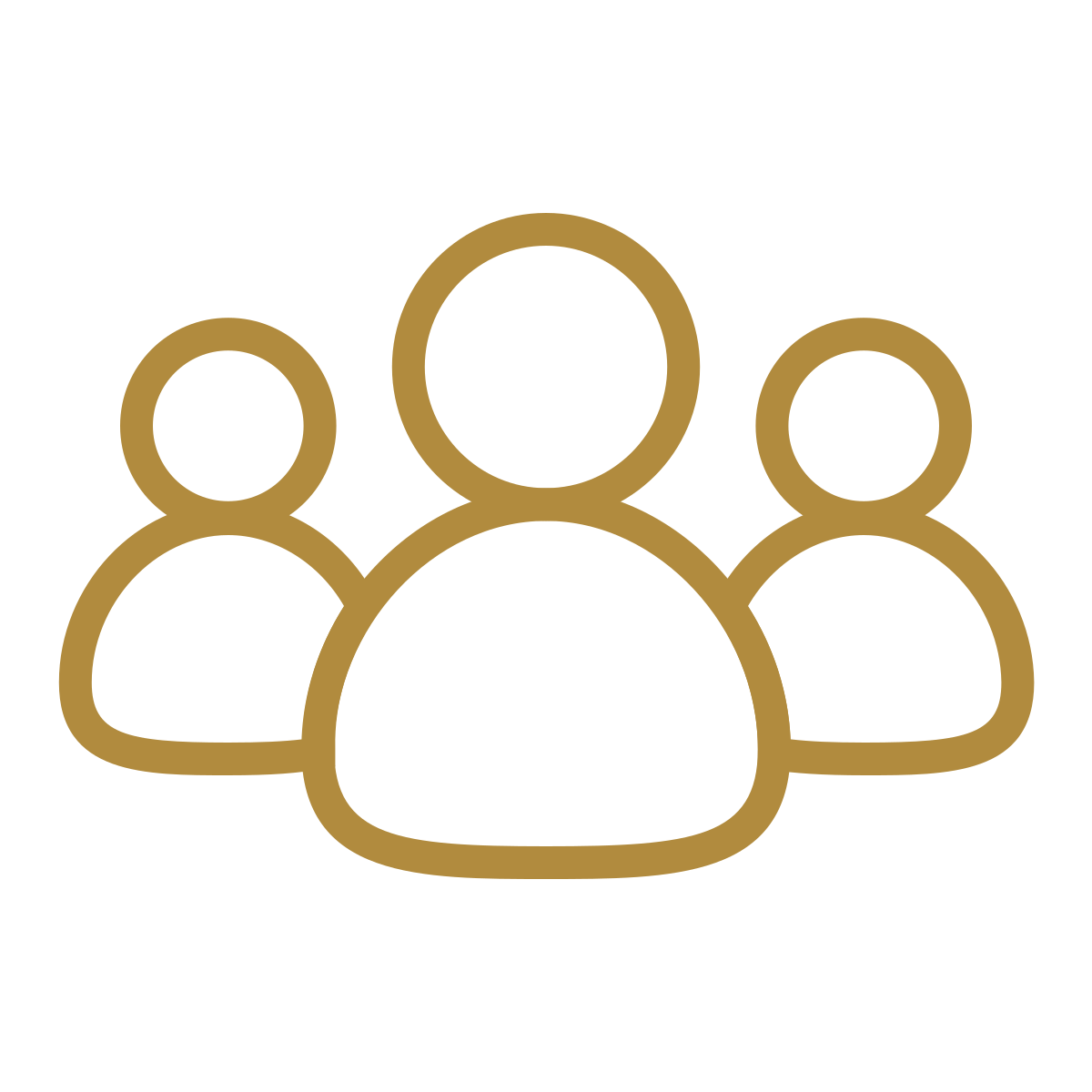Gold outline icon of three people on a black background.