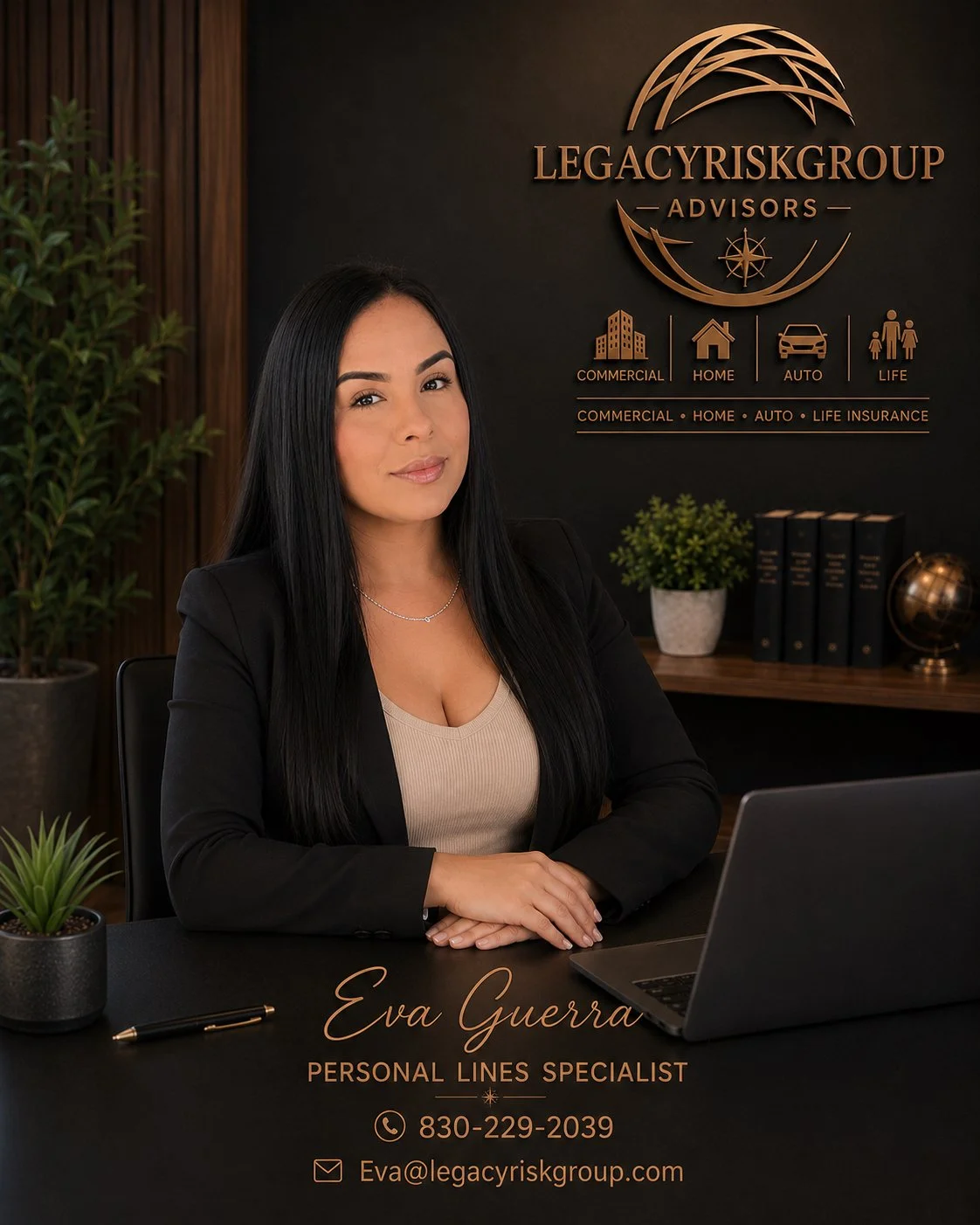 A woman at a desk in an office, with a laptop and plants, and a sign behind her that reads 'Legacy Risk Group Advisors' with icons for commercial, home, auto, and life insurance, and her contact information.