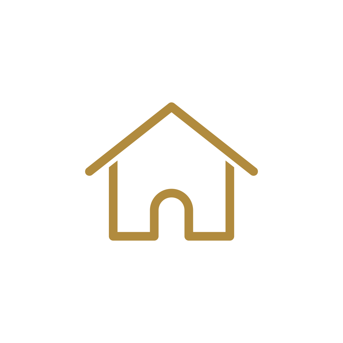 Gold outline of a house with a pitched roof and arched door on a black background.