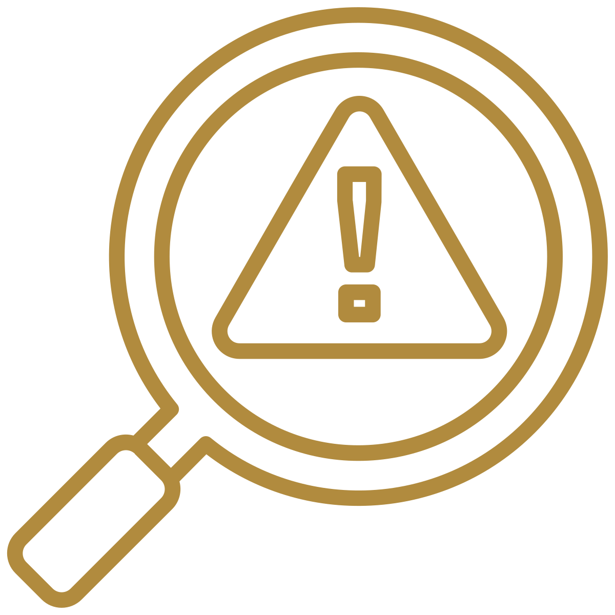 Magnifying glass with a warning triangle and exclamation point inside it, indicating a caution or alert.