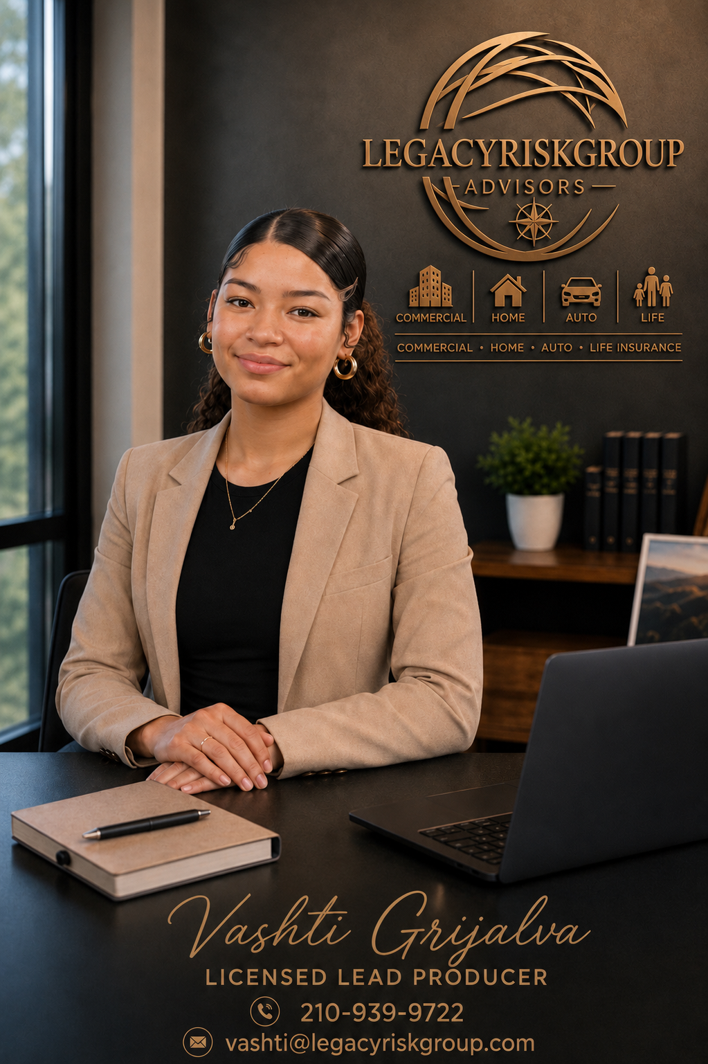 A young woman in a beige blazer and black top sitting at a desk in an office, smiling. Behind her is a wall with the logo 'Legacy Risk Group Advisors' and icons for commercial, home, auto, and life insurance. There is a potted plant and a bookshelf on a side table.