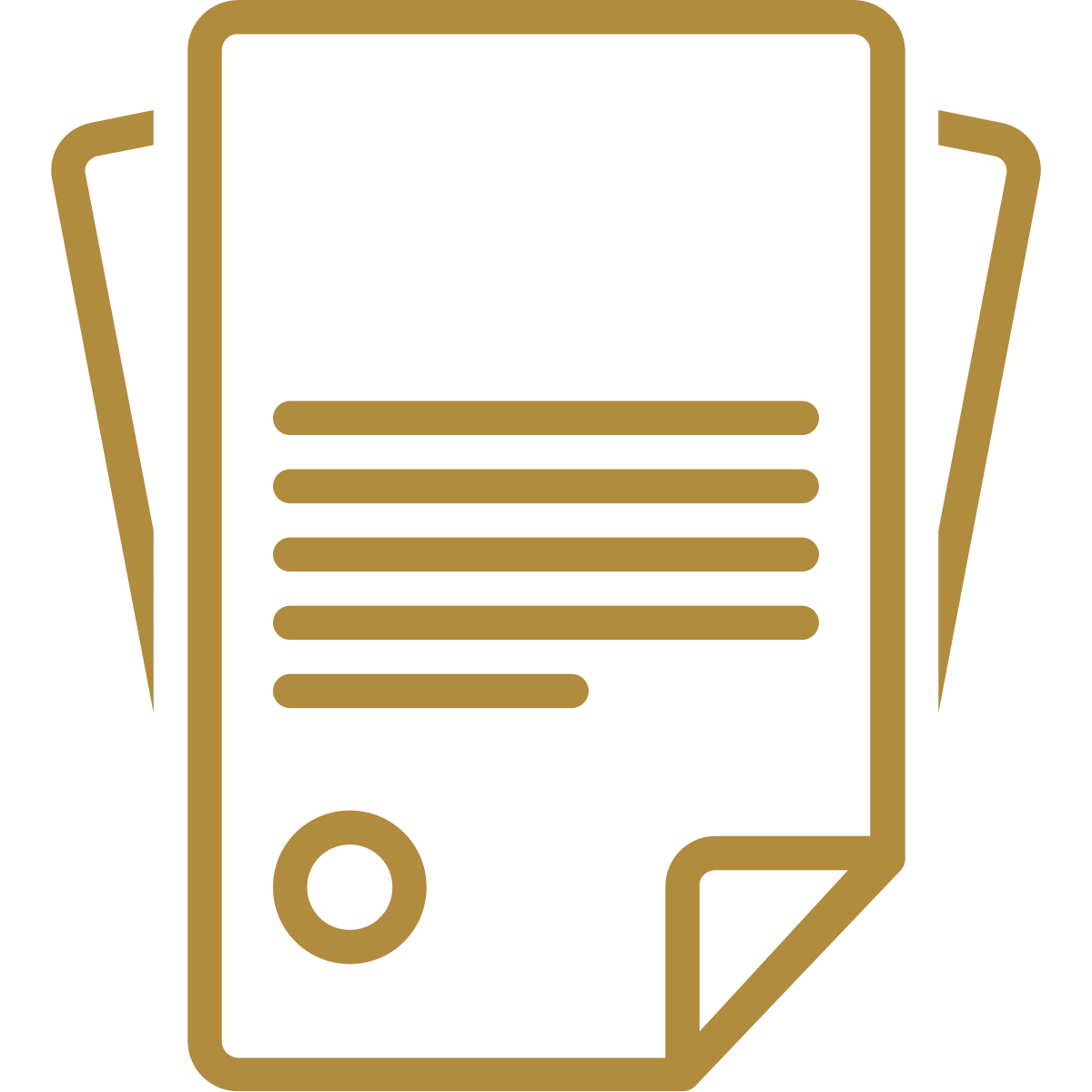 Line drawing of a mobile phone and sheets of paper in gold color.