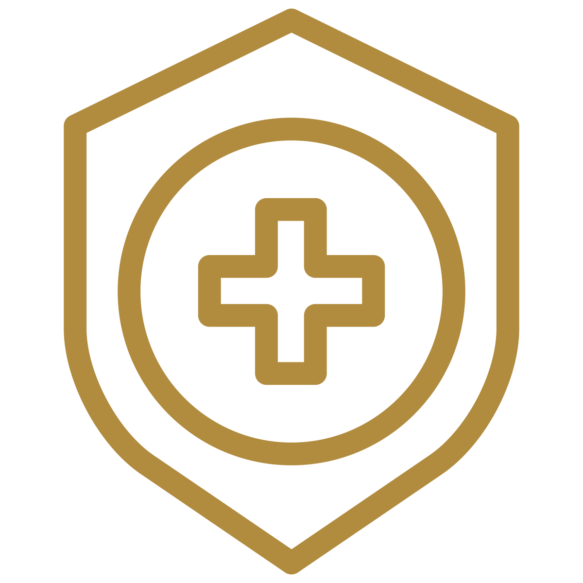 Medical or healthcare emblem with a gold cross inside a circle, enclosed by a shield outline.