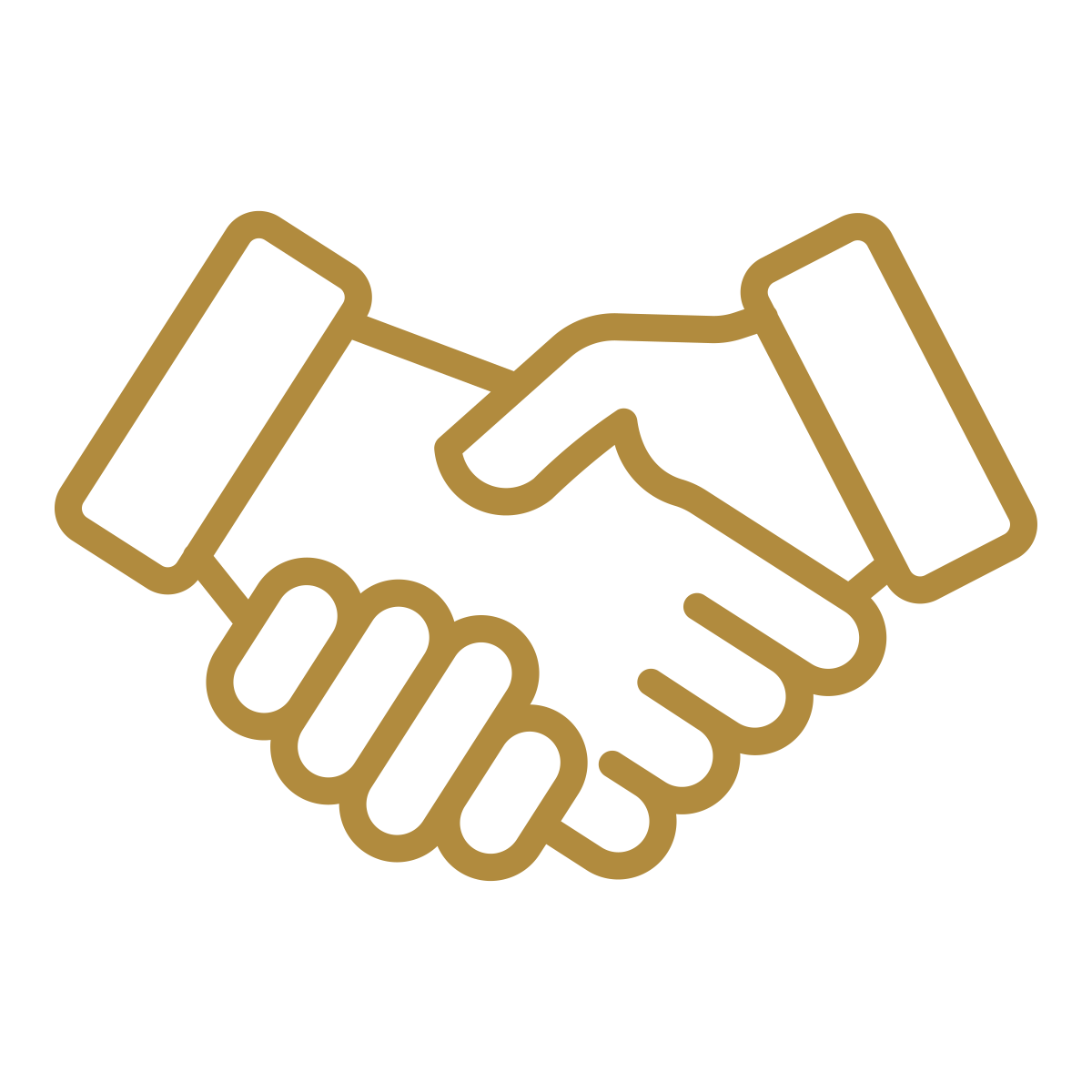 Gold outline icon of a handshake.