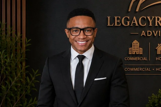 Smiling man in a suit and tie with glasses standing in front of a black backdrop with gold lettering and icons.