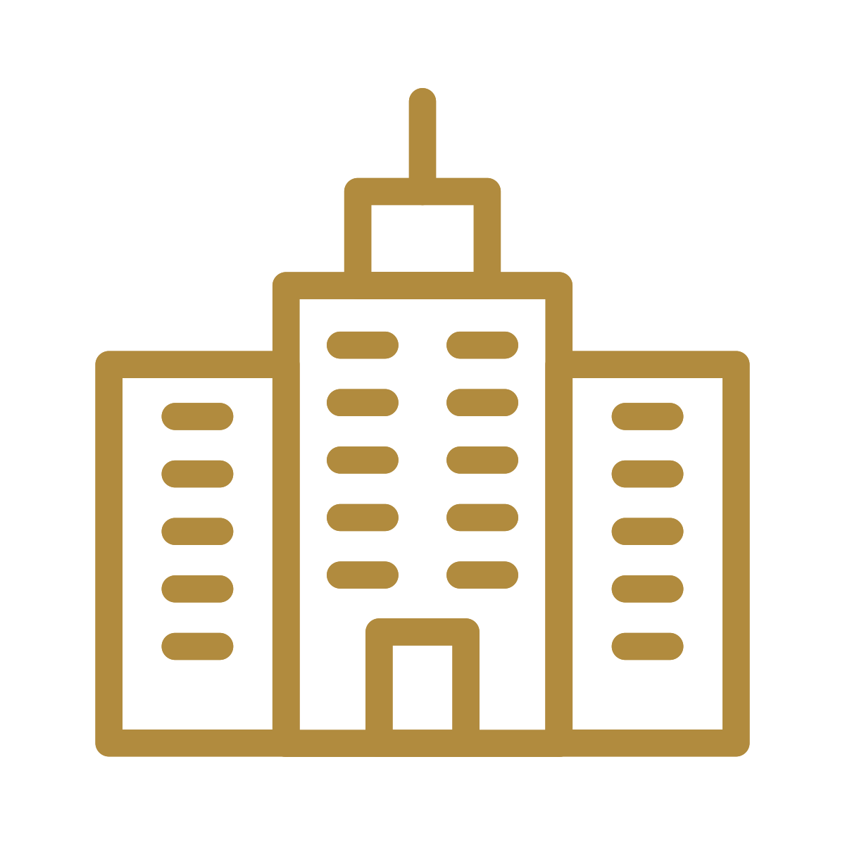 Outline of a multi-story city building with a central entrance, depicted in gold color.