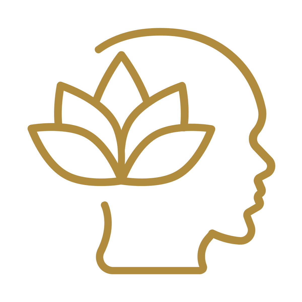 Gold line drawing of a human head in profile with a lotus flower inside the head.