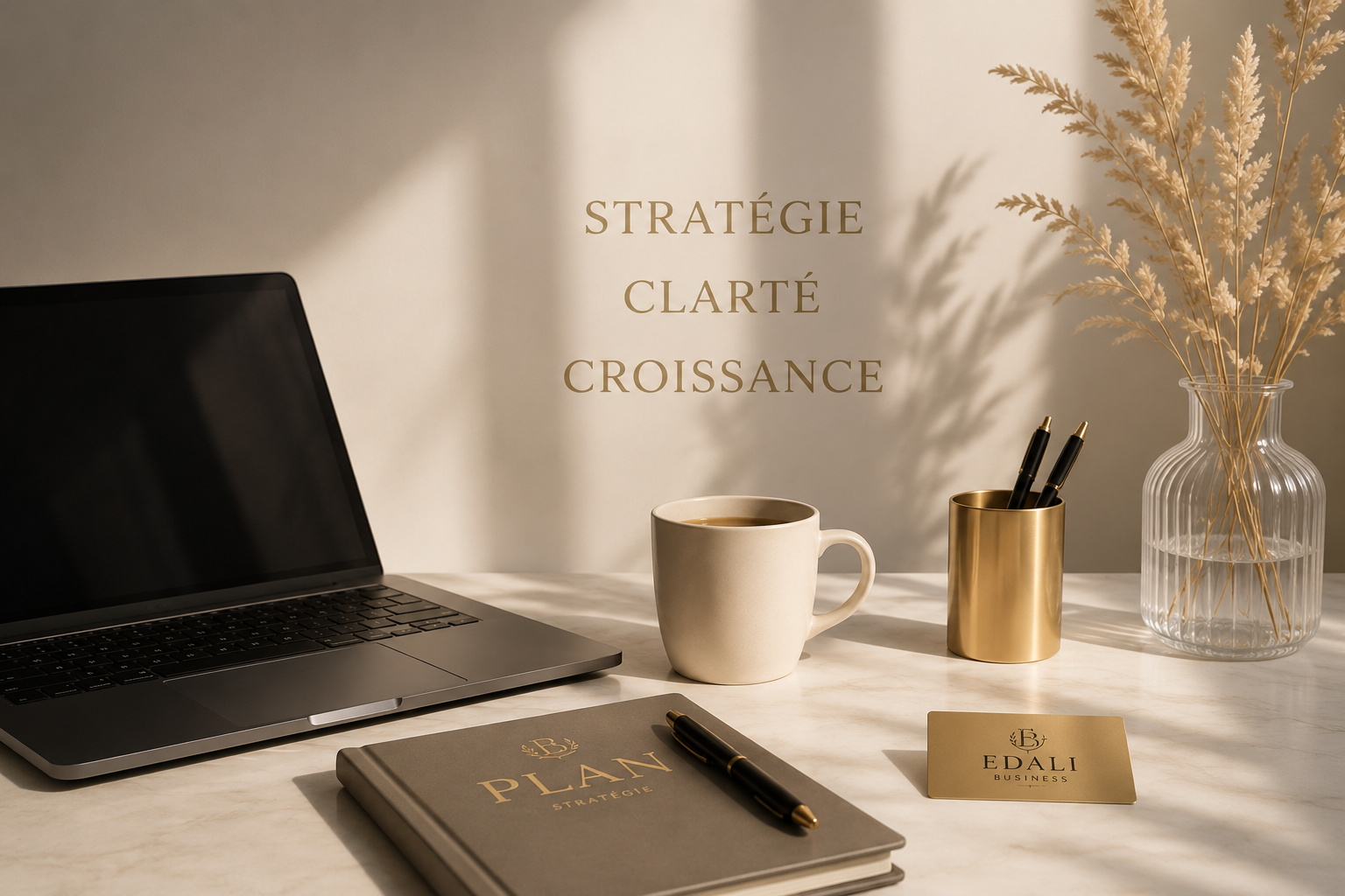 Un espace de travail avec un ordinateur portable, une tasse de café, un carnet avec un stylo, et un vase avec des plantes séchées, sous la lumière naturelle. Sur le mur, il est écrit : "Stratégie Clarté Croissance".