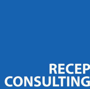 Logo bleu avec texte blanc : "RECEP" en haut et "CONSULTING" en bas.