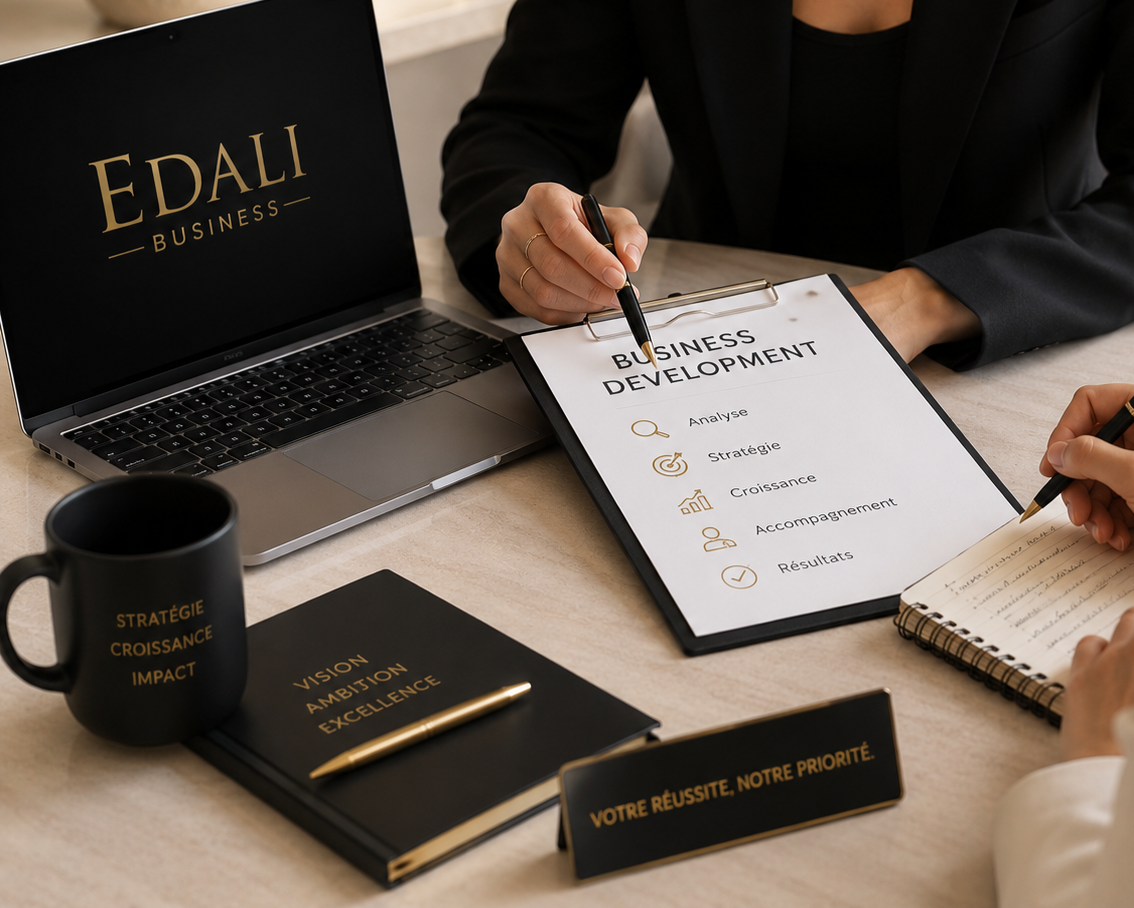 Personne tenant un stylo et travaillant sur un document de développement commercial avec une liseuse et d'autres documents sur une table.