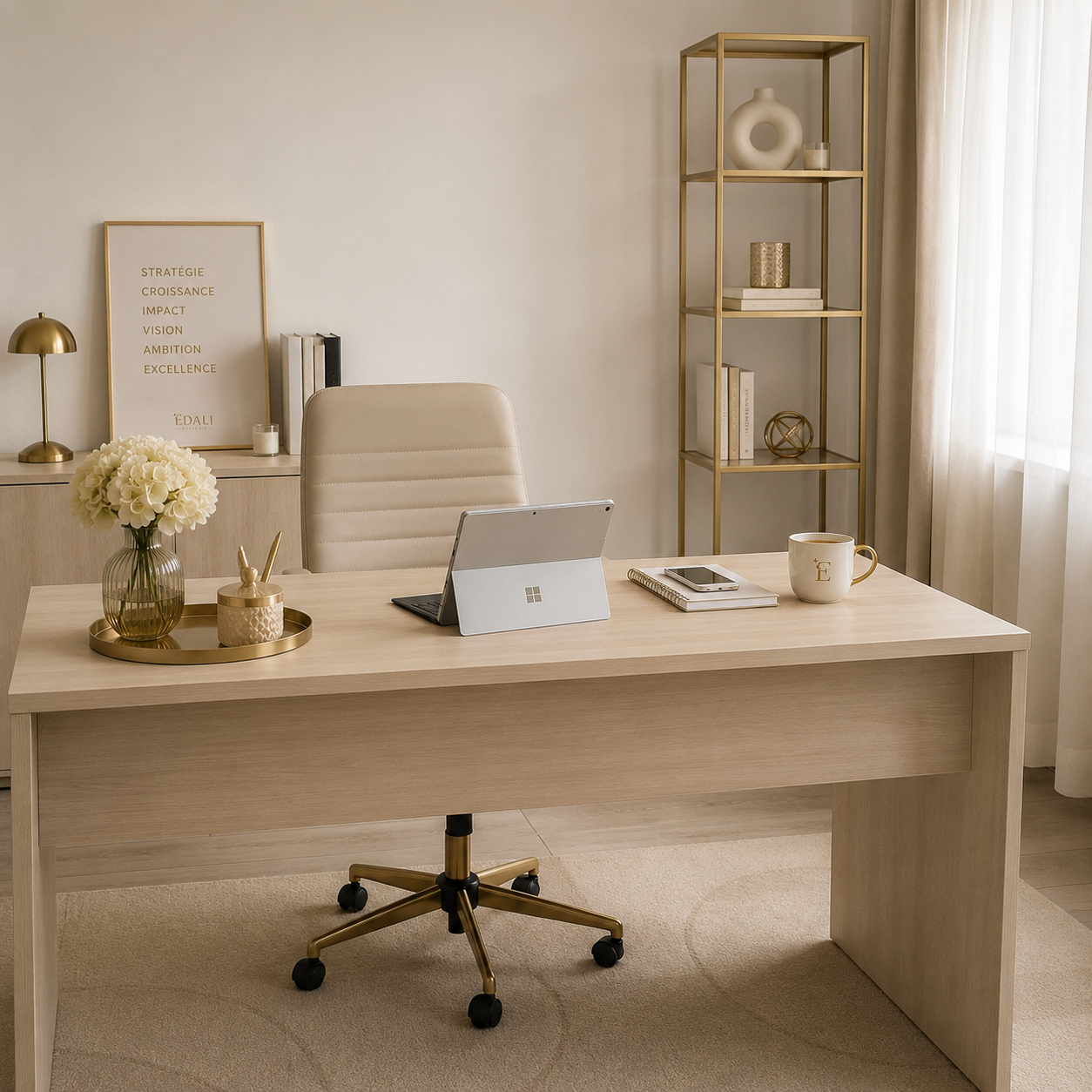 Bureau moderne avec ordinateur portable, tablette, livre, tasse et décoration florale dans un espace de travail élégant avec étagère et décoration minimaliste