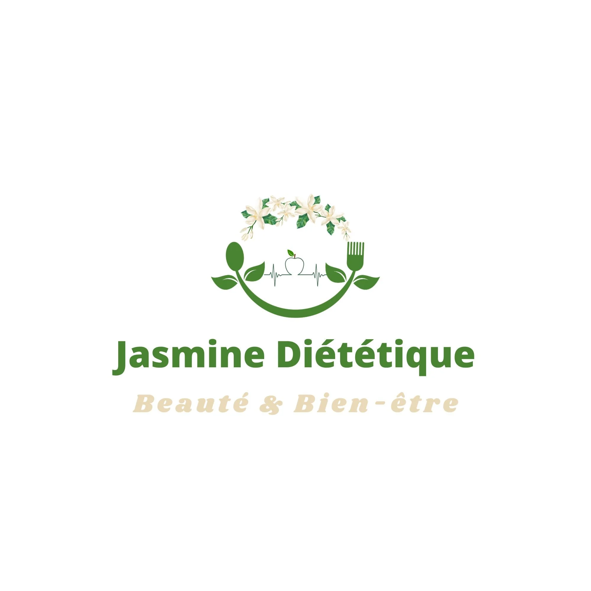 Logo avec des fleurs de jasmin, un cœur, une fourchette et un électrocardiogramme, accompagnée du texte 'Jasmine Diététique, Beauté & Bien-être'.