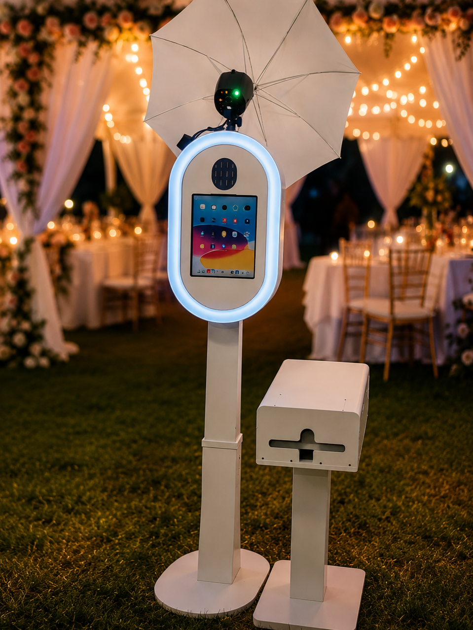 Dispositif de prise de photo ou vidéo avec un smartphone et un casque, équipé d'un parapluie pour la protection, placé dans un décor de mariage élégant avec des chandelles et des fleurs.
