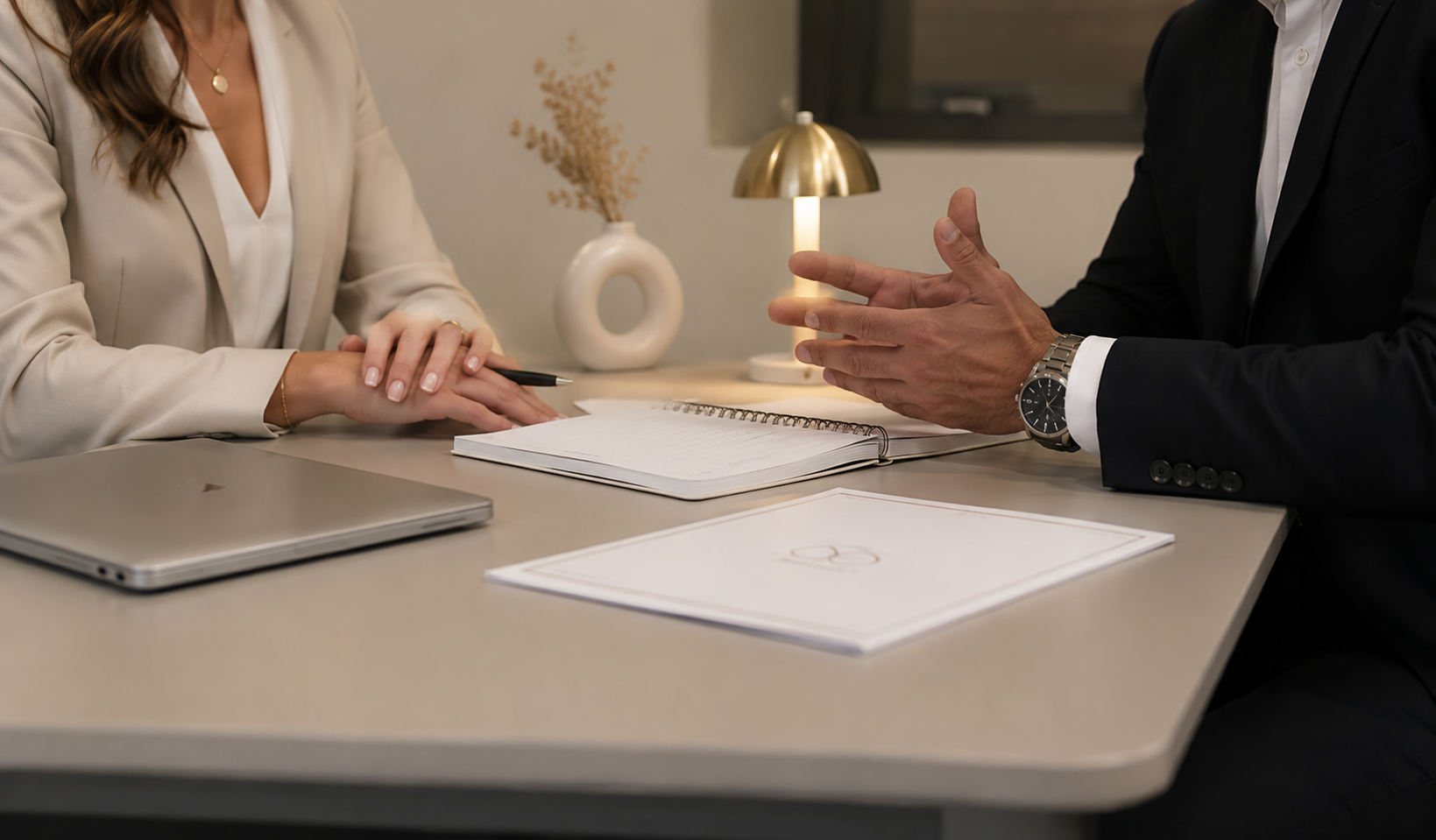 Deux personnes en costume discutent lors d'une réunion ou d'une entrevue, avec un ordinateur portable, un carnet, un stylo, des documents et une lampe sur la table.