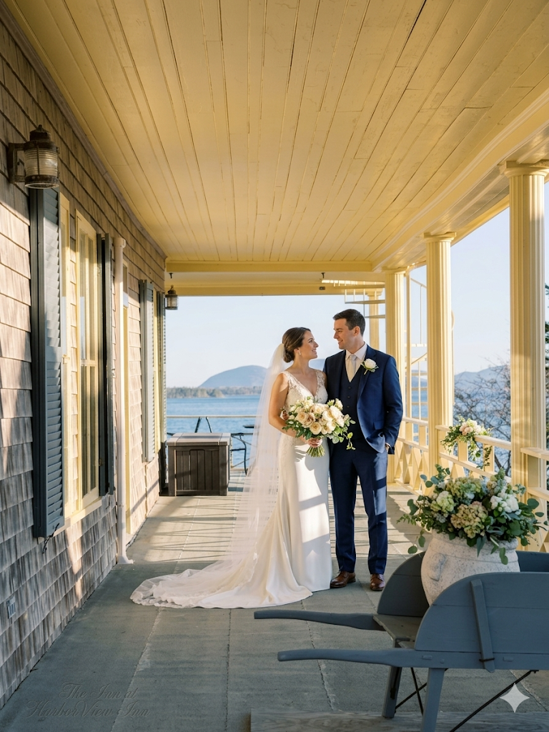 A bride and groom standing on a porch overlooking Frenchman's Bay, Bar Harbor, and Acadia National Park, smiling at each other, with the bride holding a bouquet of flowers, during their wedding.