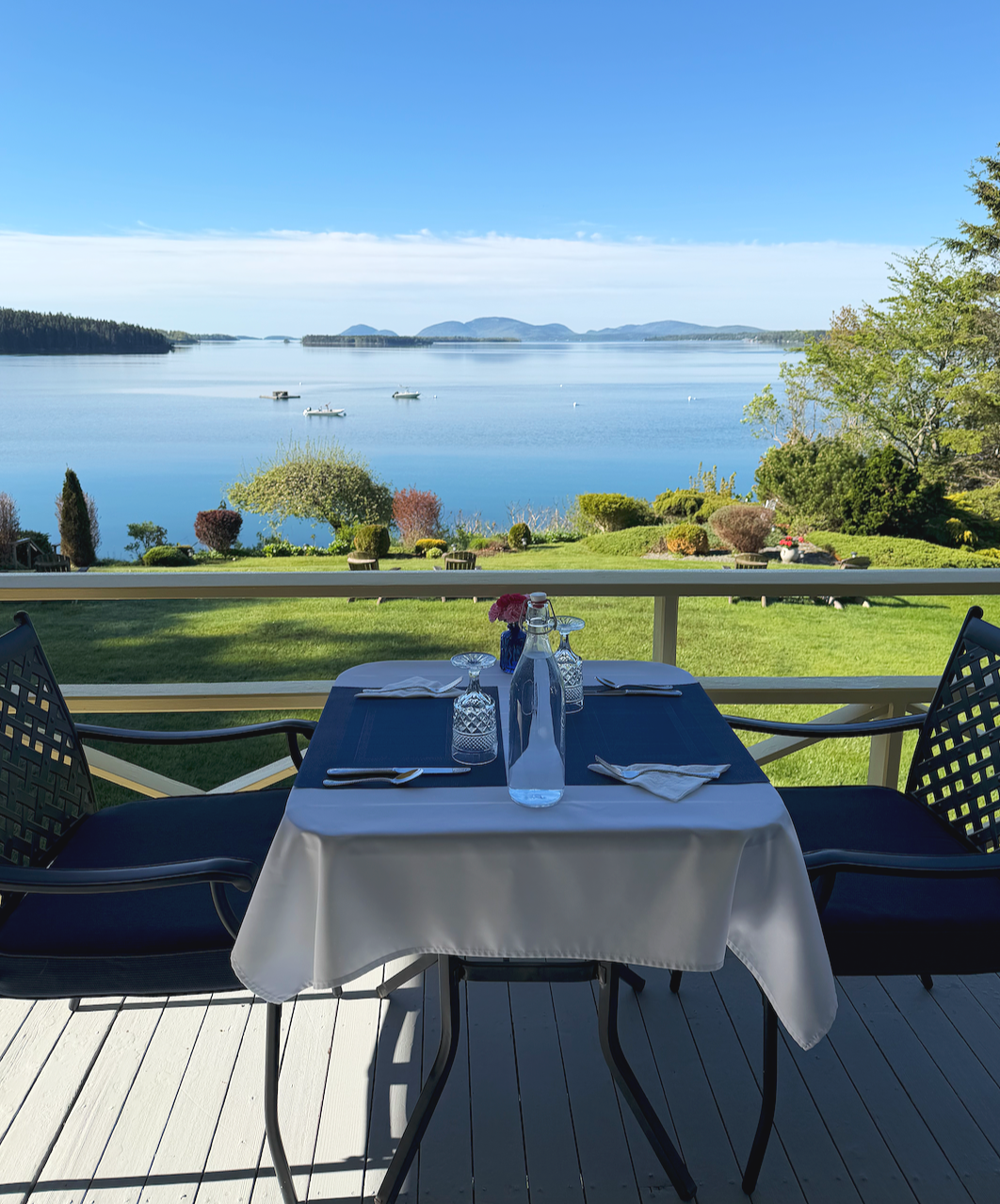 Breakfast on the porch at the Acadia Bay Inn overlooking Bar Harbor and Frenchman's Bay.