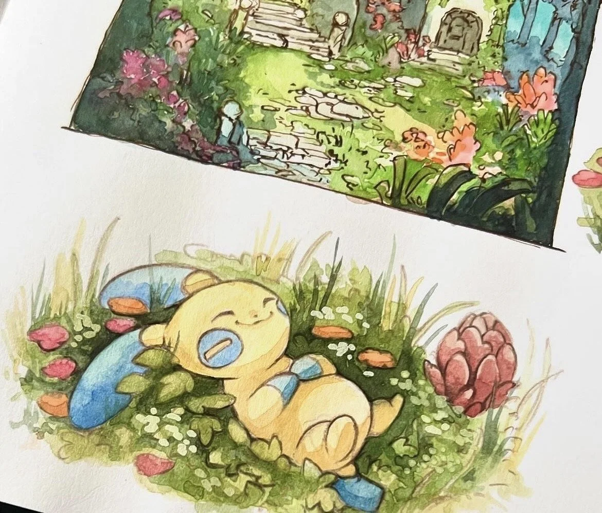 A watercolor illustration of a peaceful outdoor scene with the Pokemon Minun sleeping on the grass surrounded by plants and flowers, and a picturesque garden with a pathway, greenery, and flowers in the background.