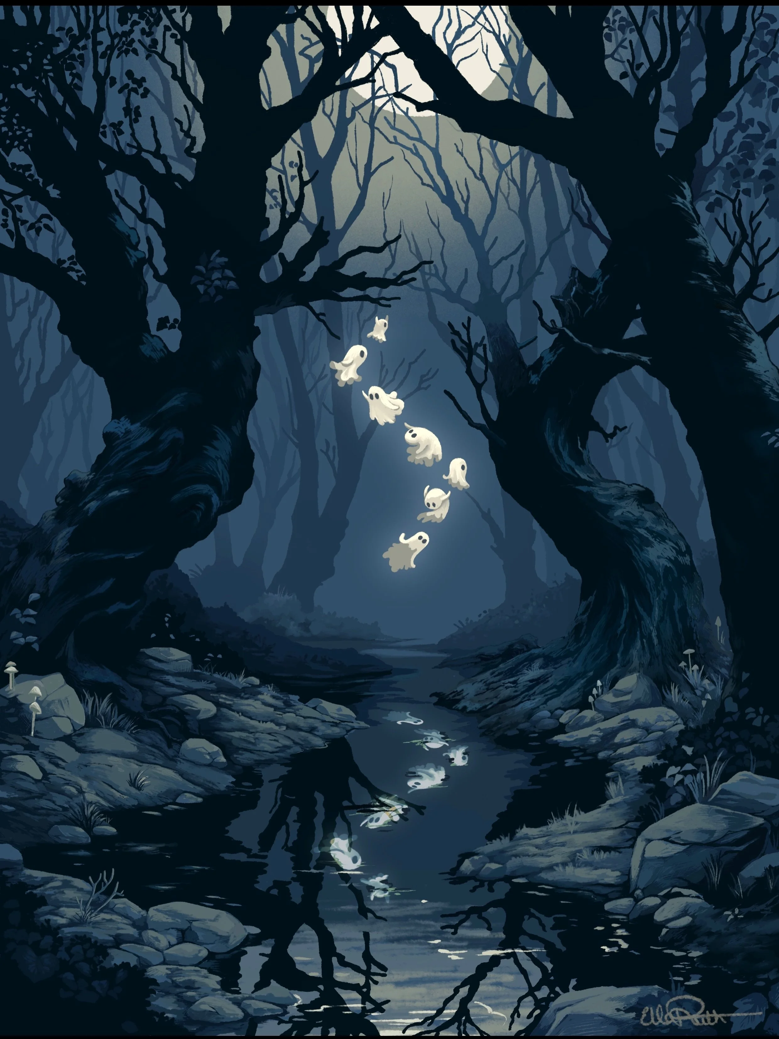 &ldquo;Eine Kleine Nacht der Geister&rdquo; 

I finished my latest painting, Eine Kleine Nacht der Geister (A Little Night of Spirits) ready for October&rsquo;s mail club main print 🩵🖤🩵 this was a lot of fun to paint! Swipe to see details and the 