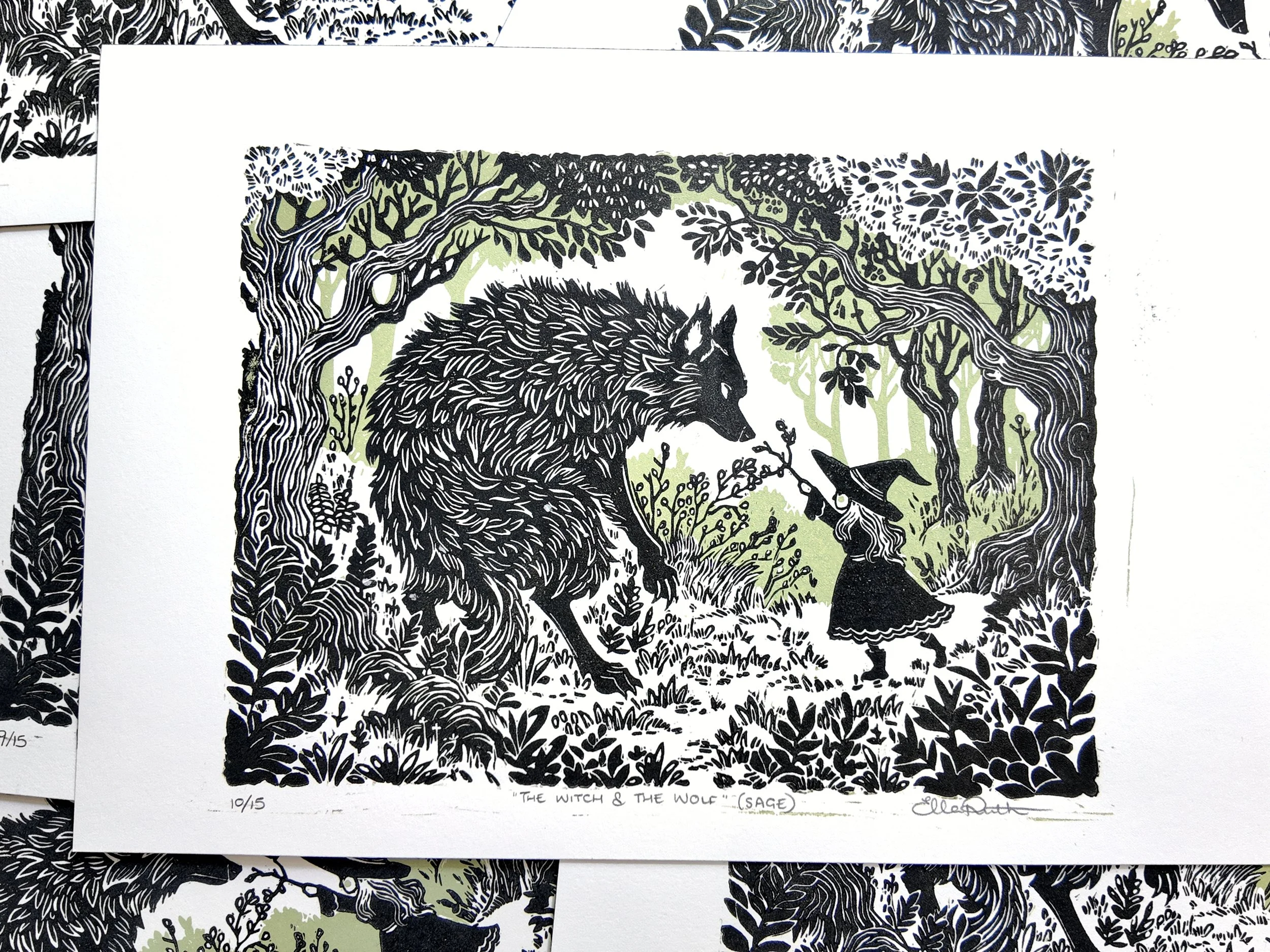 “The Witch and the Wolf” - Sage - Original Linocut Reduction Print (9” x 7”)