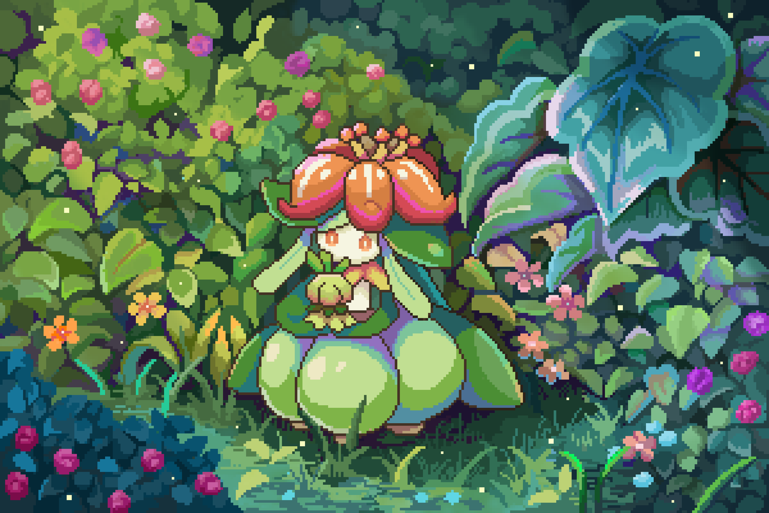 Pixel art scene of the Pokemon Liligant, surrounded by lush green foliage, pink and purple flowers, and large leafy plants in a magical garden setting at night.