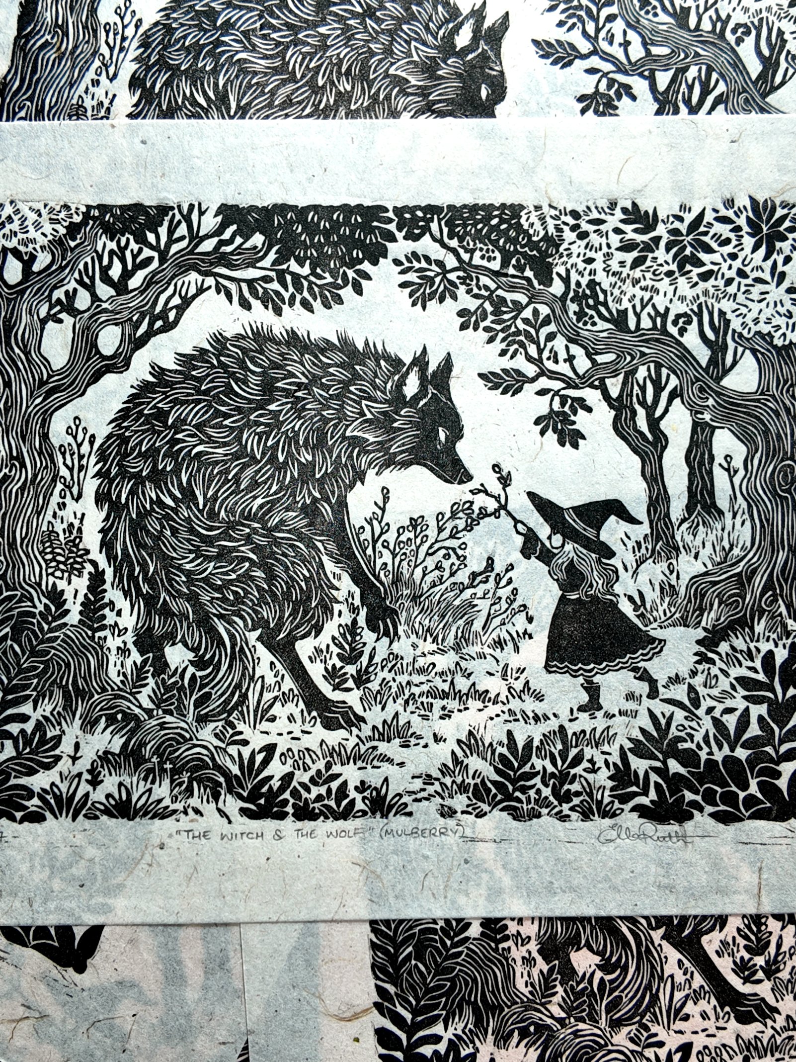 “The Witch and the Wolf” - Mulberry - Original Linocut Reduction Print (9” x 7”)