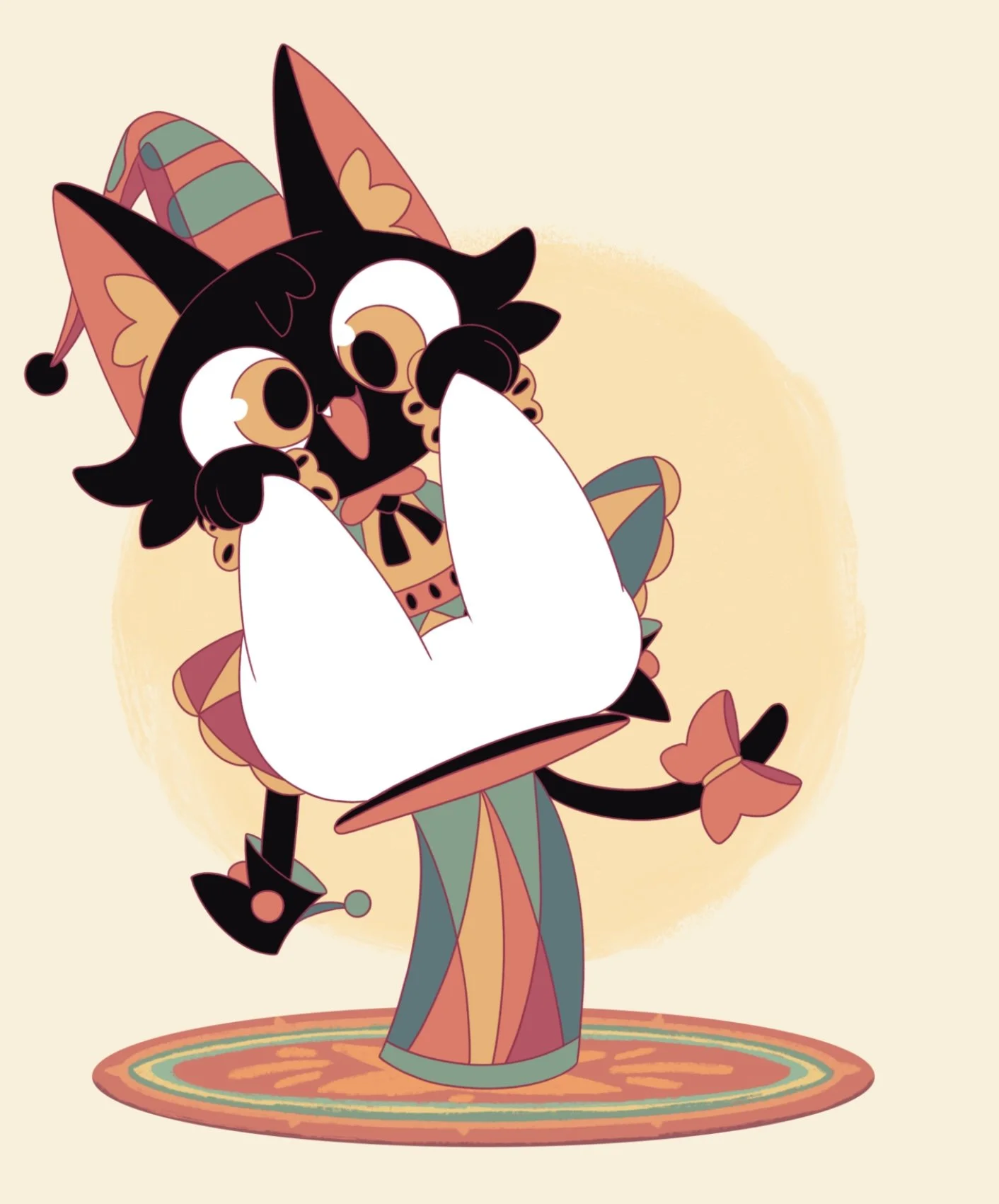 A cartoon cat character with large eyes, black fur, and colourful Jester-themed clothing, pulling a giant white ghost out of a hat, standing on a multicoloured circular rug.