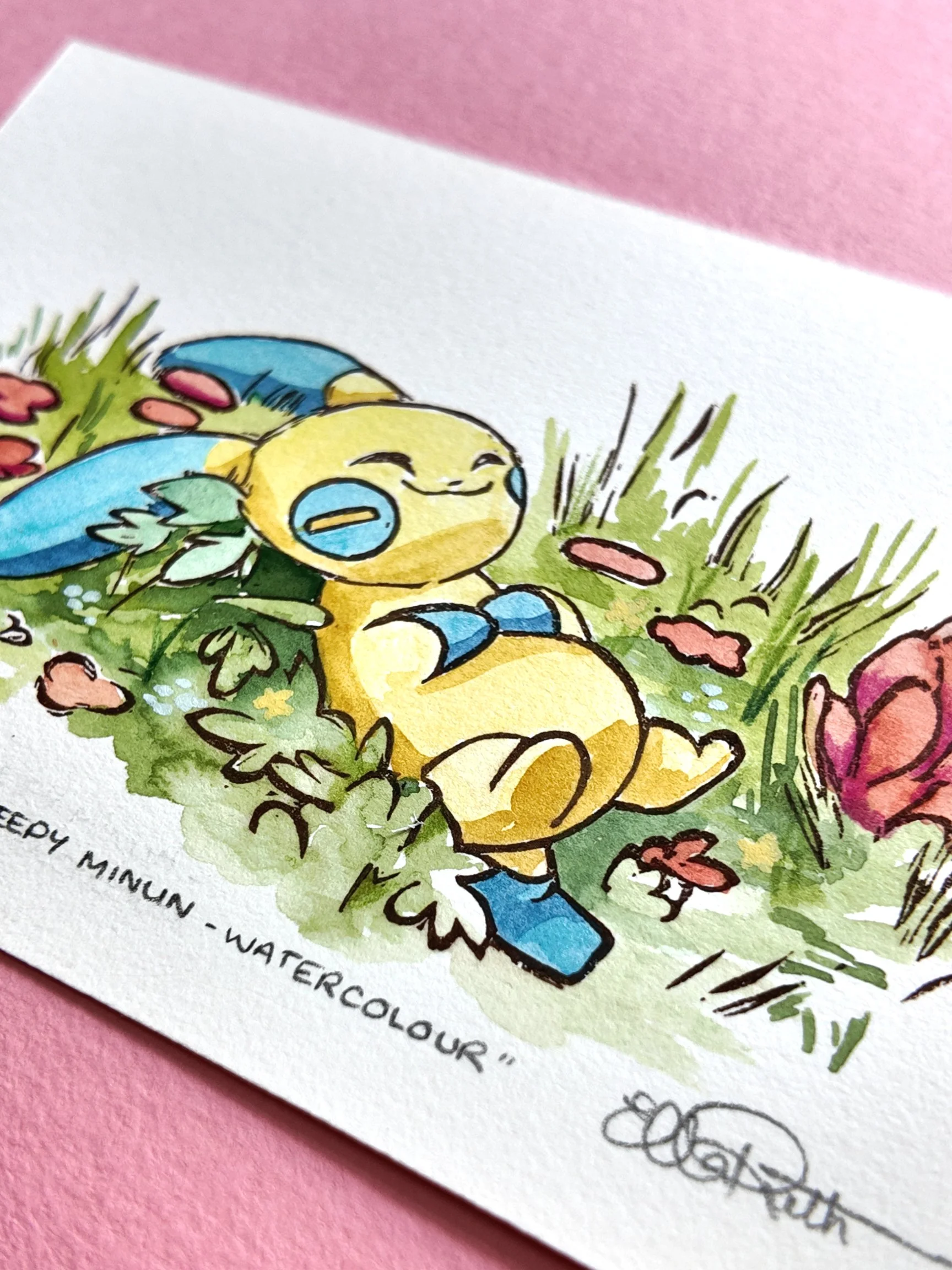 Sleepy Minun - Original Linocut Print & Watercolour (4