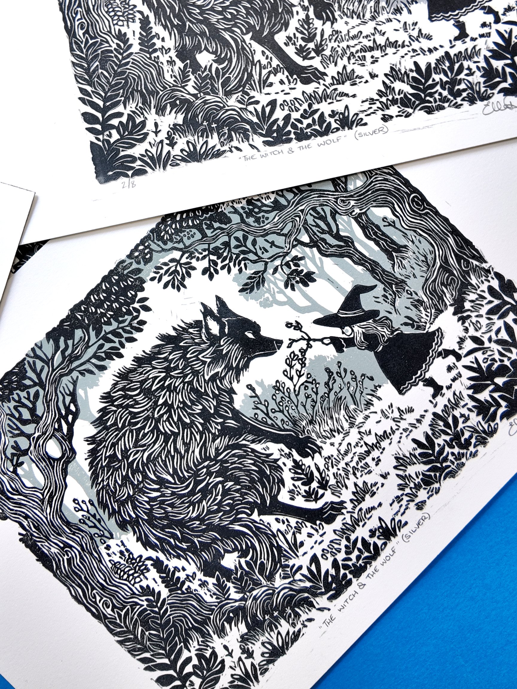 “The Witch and the Wolf” - Silver - Original Linocut Reduction Print (9” x 7”)
