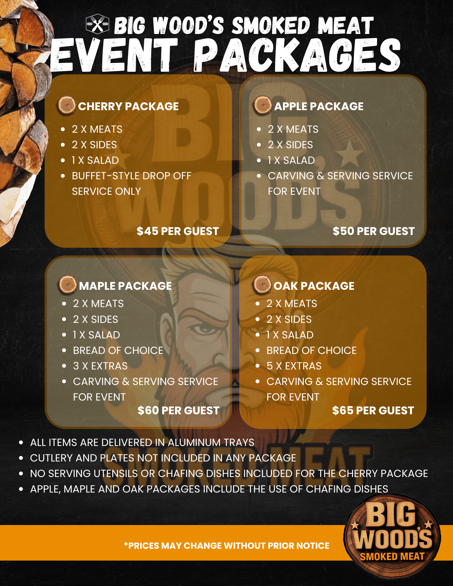 A menu highlighting Big Wood's smoked meat event packages, including cherry, apple, maple, and oak packages, with details about their contents and prices. The background features a logo and some wood imagery.