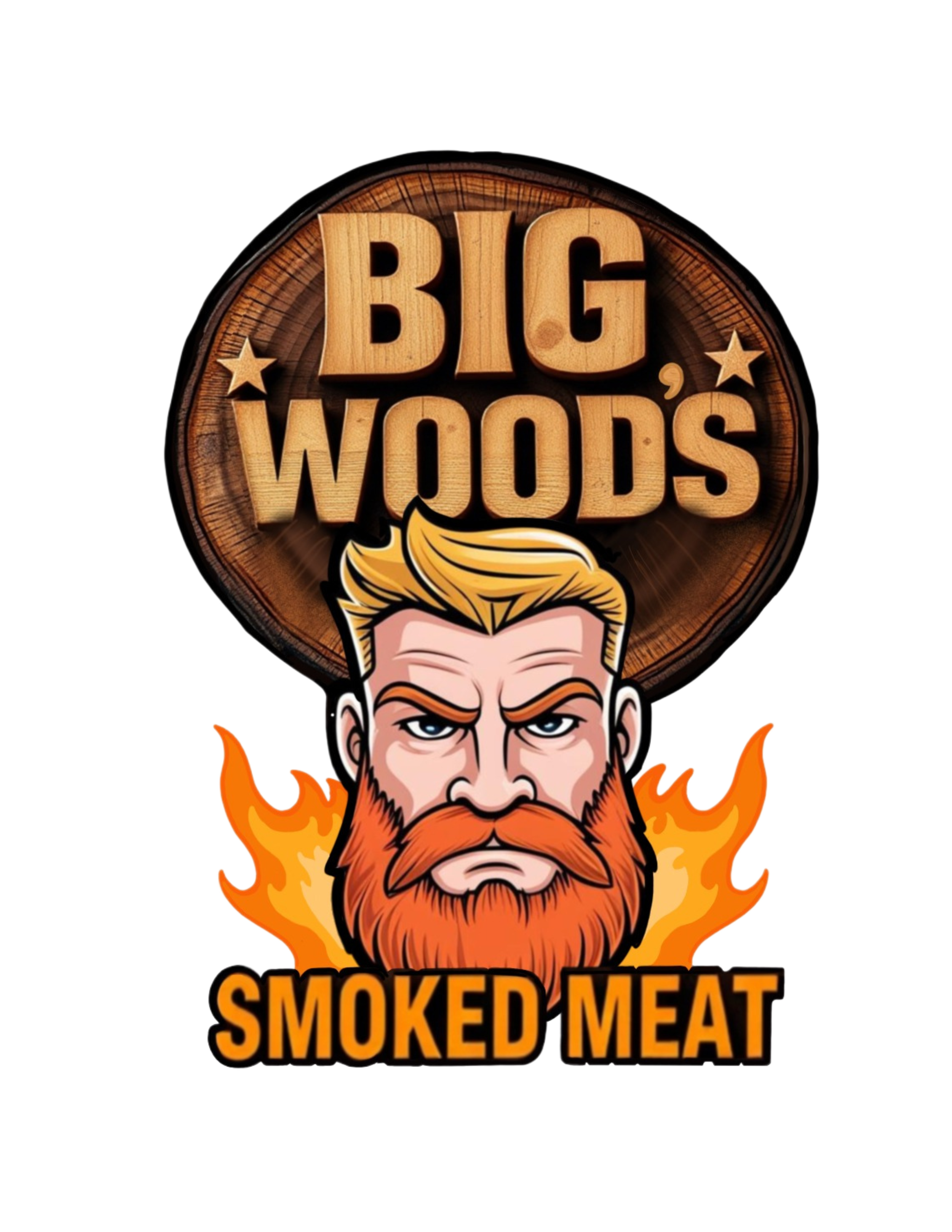 Logo for Big Woods Smoked Meat featuring a cartoon bearded man with a fiery beard and flames around his face, with text indicating smoked meat.