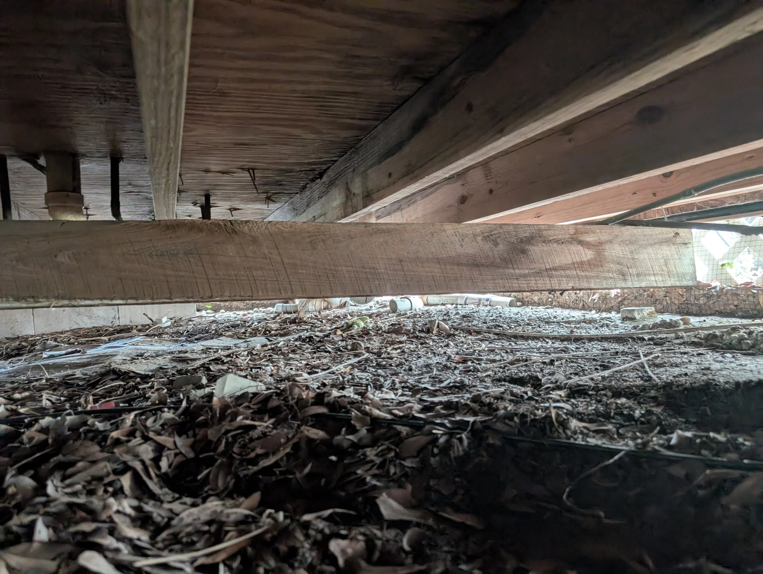 Low angle view of wooden beams and support structures under a building, with debris and leaves on the ground.