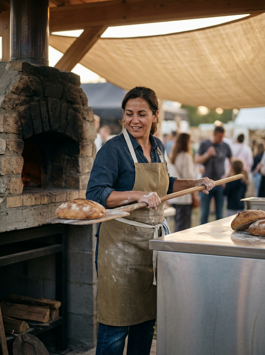 A woman baker wearing a beige apron removing freshly baked bread from an outdoor pizza oven with a wooden paddle during a gathering or festival.
