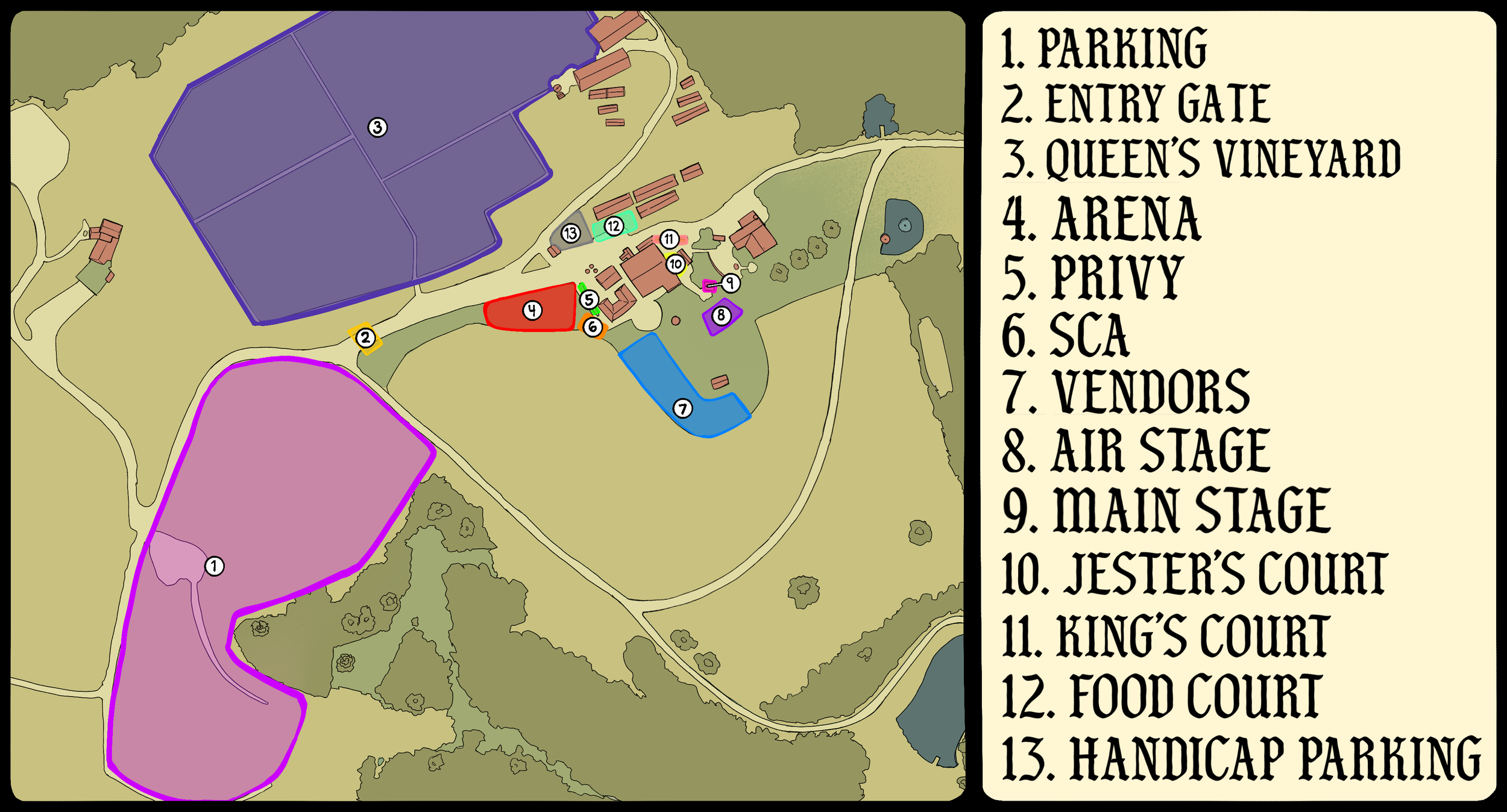 A map of the grounds showing the locations of areas of the Beliveau Farm Winery for the Renaissance Festival. 