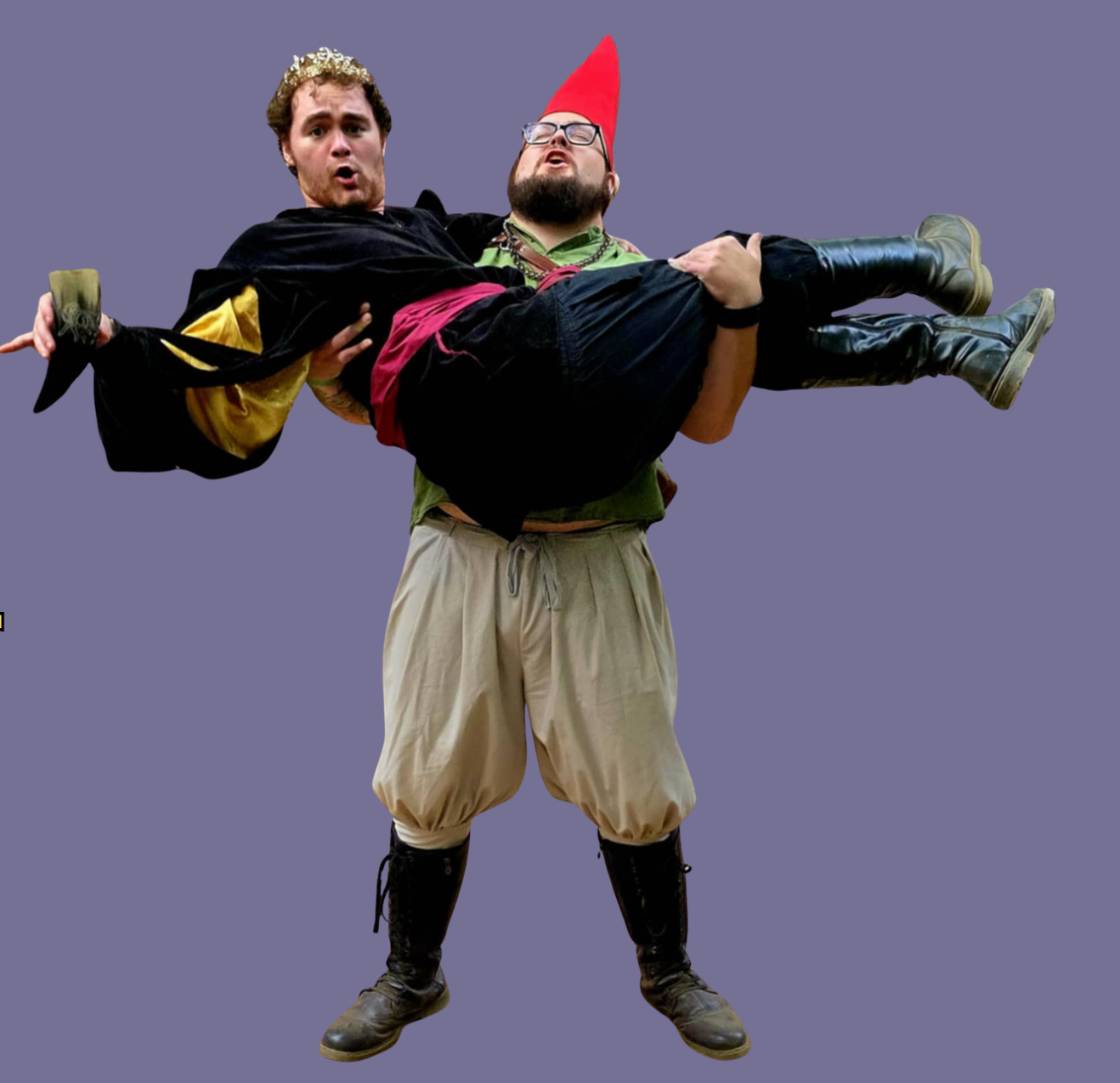 A man in medieval-style costume holding a person in a colorful costume, both making humorous facial expressions against a plain background.