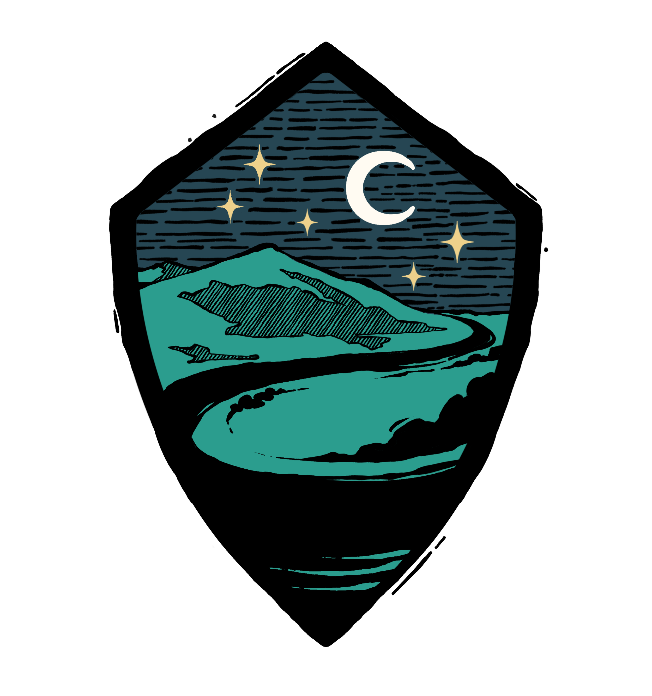 An illustration of a shield with a night sky, stars, a crescent moon, mountains, and a winding river inside.