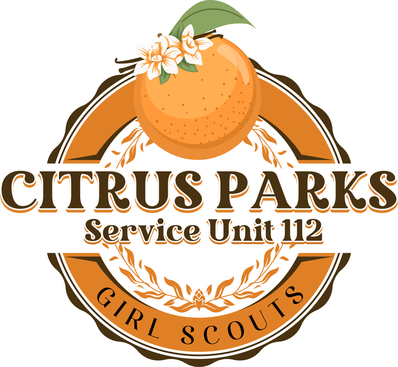Logo for Citrus Parks Service Unit 112 Girl Scouts featuring an orange with white flowers and green leaves, surrounded by a decorative orange and black border with the text 'Citrus Parks Service Unit 112 Girl Scouts'.